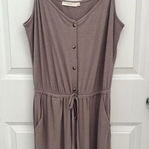 Lush, lounge jumpsuit, taupe, pockets and adjustable straps and tie waist